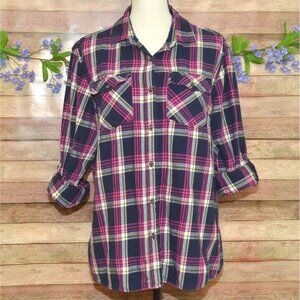 Magellan Outdoors Cotton Plaid Button Up Flannel Shirt Size 2XL Roll Tab Sleeves